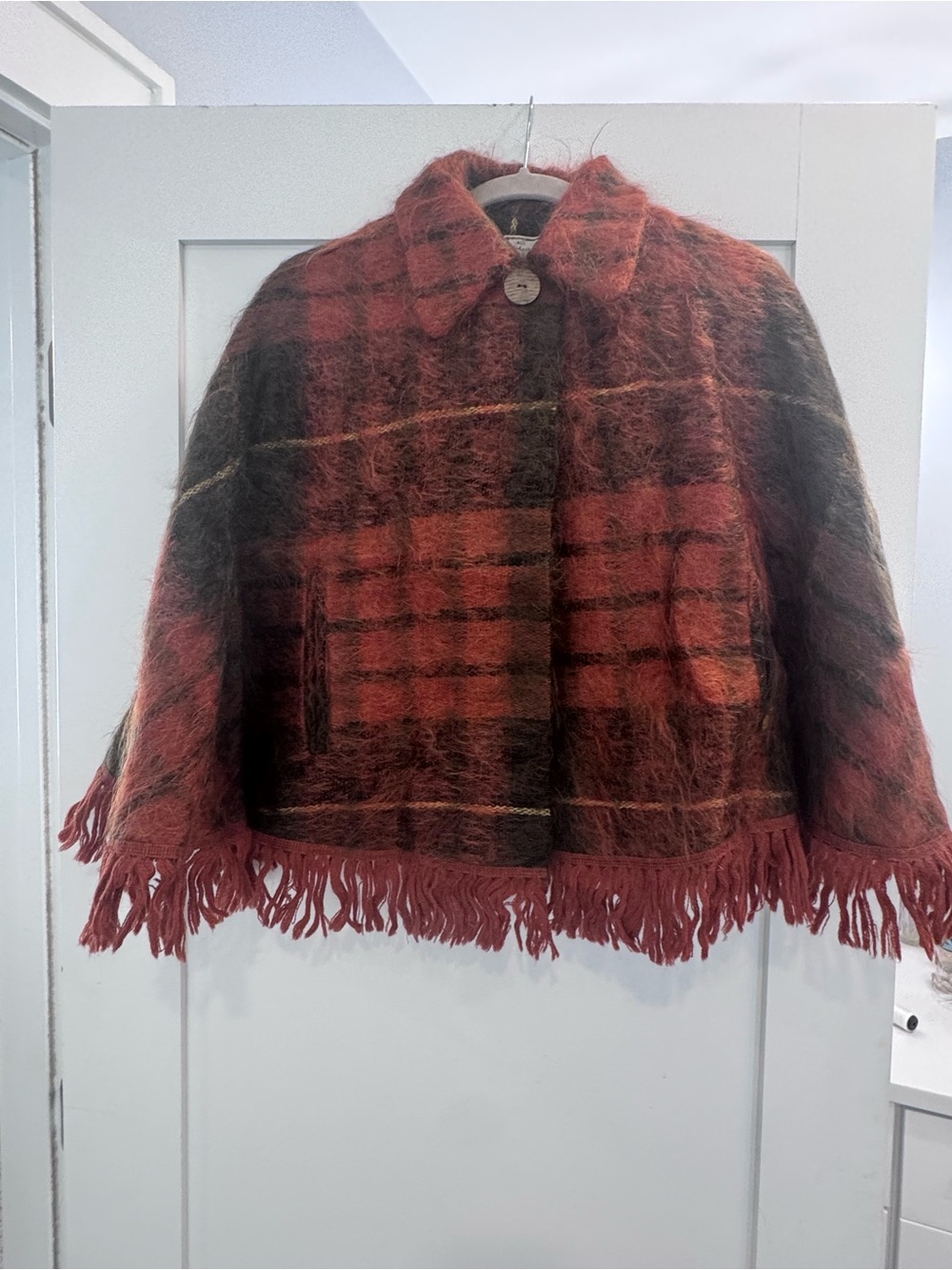 Vintage Mohair and Wo Fringed Plaid Cape Jacket in Rust Orange and Brown
